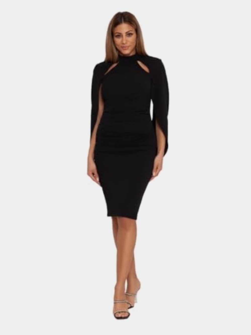 Betsy & Adam Black Midi Bodycon Dress with Cape Sleeves